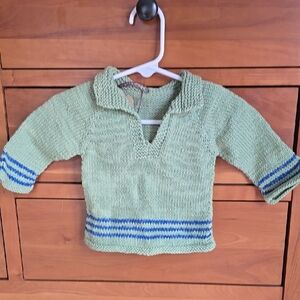 Kids Green Knit Sweater with Blue Stripes